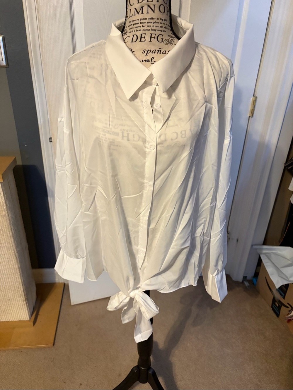 White Button-Front Tie-Hem Shirt